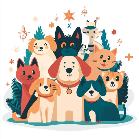 宠物狗猫新年快乐插画