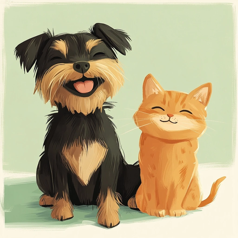 黑褐犬与橘猫日式插画