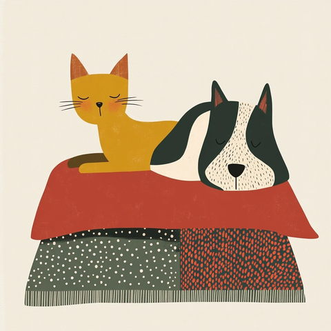 猫狗相伴红垫灰毯