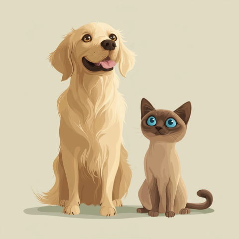 金毛犬与暹罗猫矢量插画