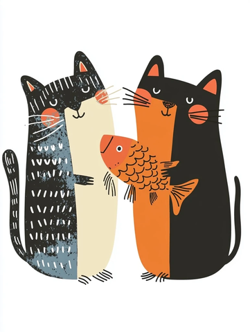 两只猫共享鱼插画