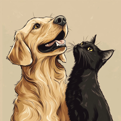 金毛犬与黑猫微笑对视