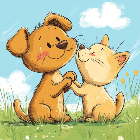 猫狗玩耍卡通插画