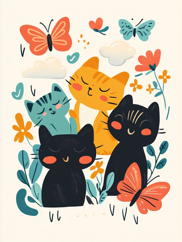 卡通猫咪与蝴蝶云朵花草