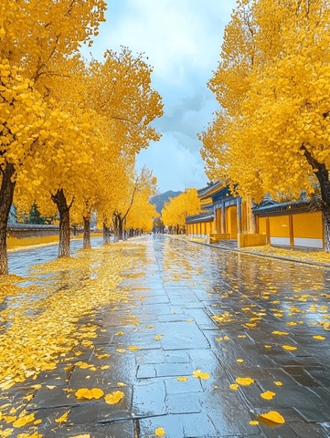 铺满金黄银杏叶的古建小道