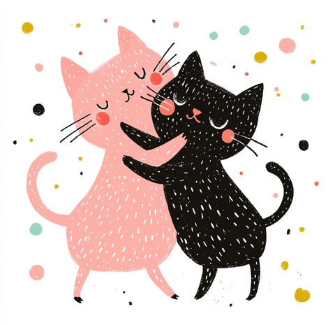 粉猫黑猫跳舞卡通插画
