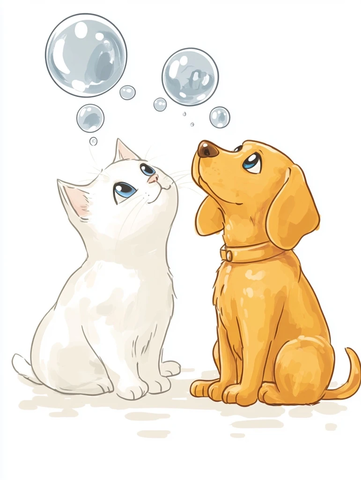 白猫黄狗坐一起吹泡泡