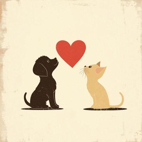 小狗小猫面对面红心相隔