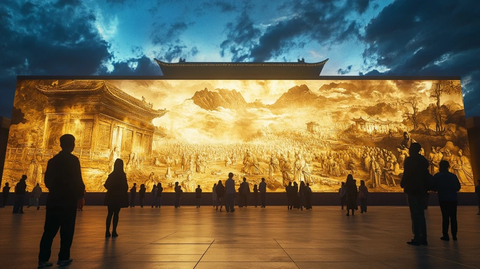大型壁画前的人群剪影景象