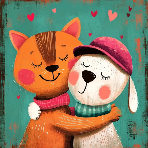 猫狗拥抱戴帽子的狗狗