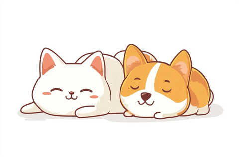 白猫柯基躺卧插画