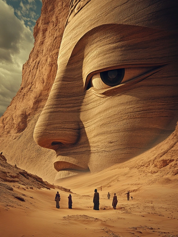 沙漠中巨型人脸雕塑下的人群