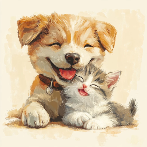 小狗小猫微笑在一起