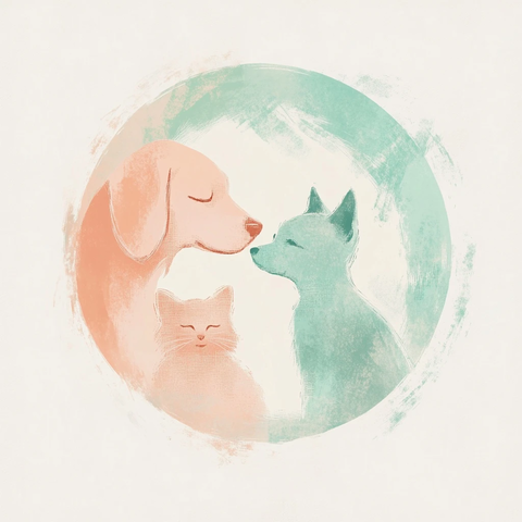 油画风猫狗和谐共处图