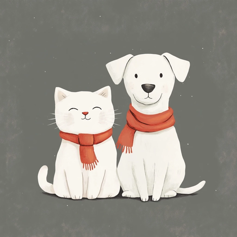 白猫与白狗和红色围巾
