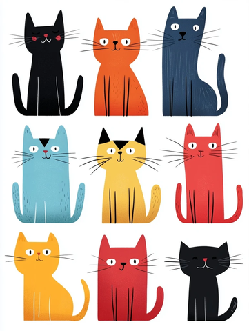 猫咪插画简单形状彩色风格