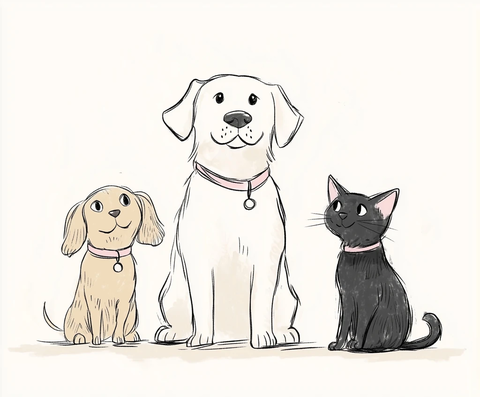 白犬黑猫棕犬静坐图