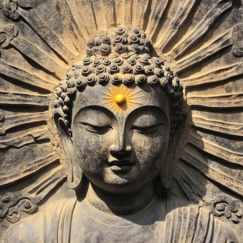 佛头雕像特写雕刻精细尽显庄严神圣