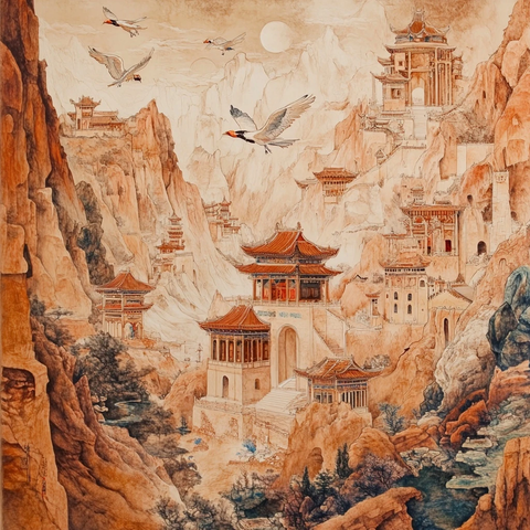 山间古建筑群鸟瞰图