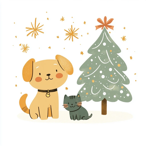 圣诞树下猫狗相伴