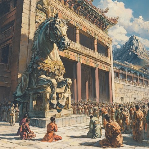 巨型马雕塑前众多古装人物进行跪拜