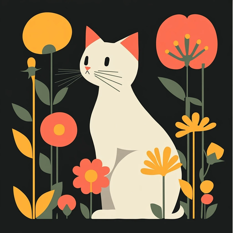 白猫与春花扁平插画