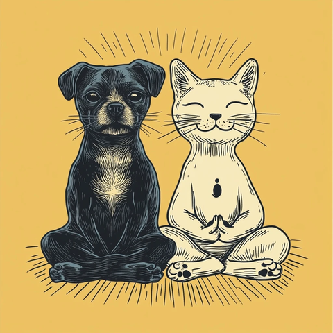 猫狗坐禅冥想插画