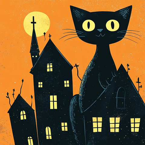 黑猫鬼屋万圣节矢量插画