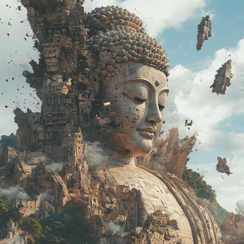 巨型佛像雕塑全景部分破碎的震撼画面