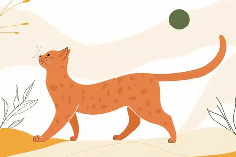 姜黄猫伸展尾巴玩闹场景