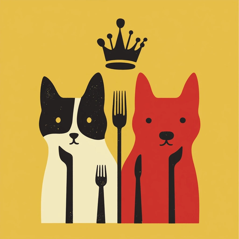 猫狗皇冠与餐具插画