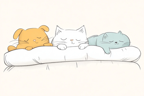 猫狗同眠白色床单上