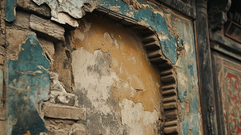 老旧建筑墙面斑驳脱落尽显沧桑感