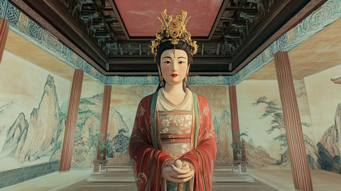 古建筑中身穿华服的女性雕像