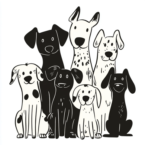 卡通狗群坐在一起