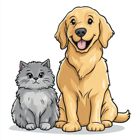 金毛犬与灰猫并坐