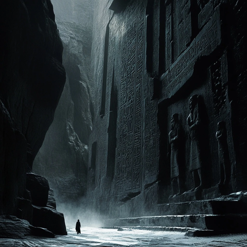 单人行走在神秘古老刻字石壁通道中