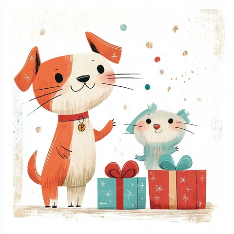 宠物狗猫圣诞礼物插画