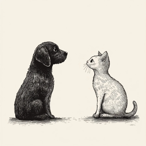 半坐狗猫对视插画