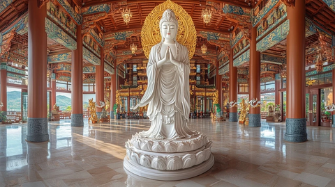 室内观音雕像全景传统建筑风格尽显
