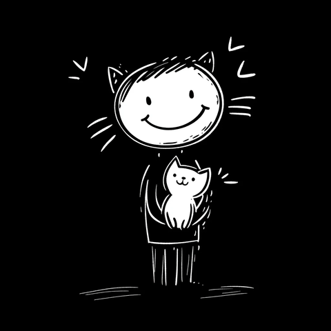 白色线条笑脸小人抱猫