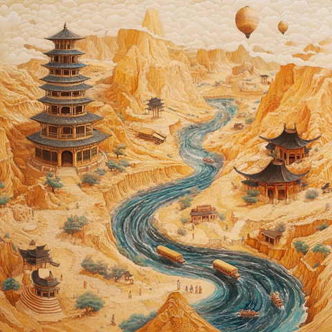 山间河流旁的传统中式建筑景观