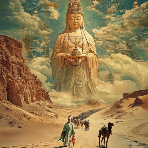 沙漠中观音像下的驼队行进场景