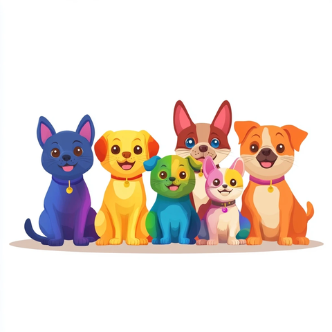 彩虹猫狗并排坐卡通图