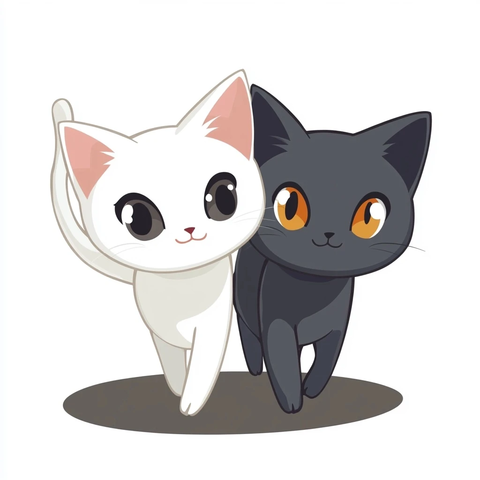 黑白猫并肩行走插画