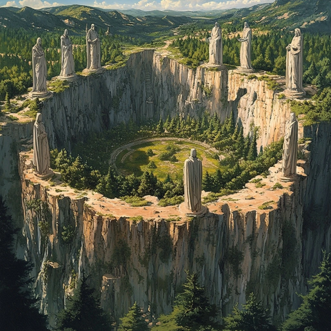 深谷中屹立着雕像的自然景观