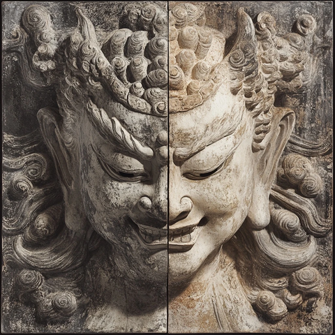 雕刻有鬼脸的石雕艺术作品