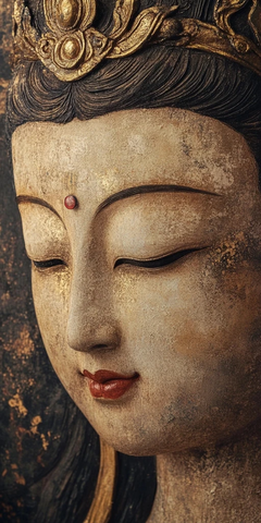 带有华丽头饰的佛像面部特写