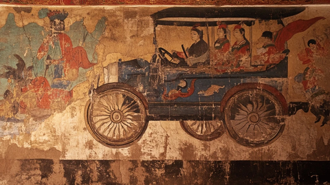 古代壁画中描绘的多人乘汽车场景