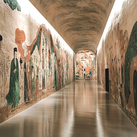 绘有人物壁画的长廊通道